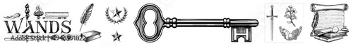 Wizardry tools including wands, feathers, stars, scrolls, and ornate key, classic, magical artifacts, enchanted objects, mystical symbols.