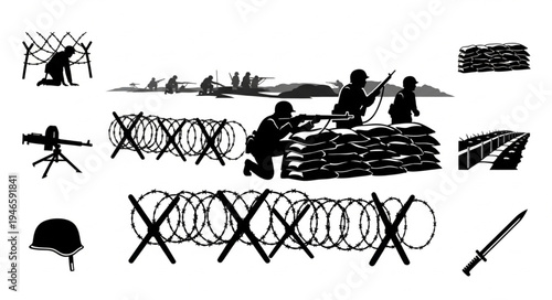 World War II Soldiers and Barbed Wire Defenses Silhouette.