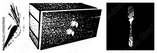 Stylized halftone carrot with leafy top, textured wooden crate with heart cutouts, decorative fork with handle all rendered in vector art.