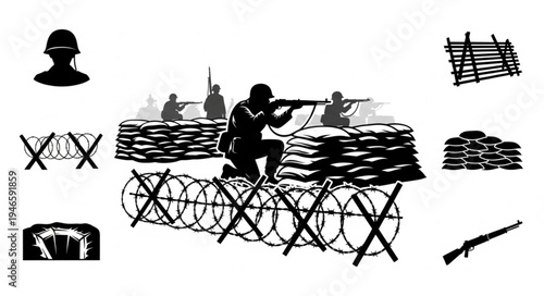 Soldiers in defensive positions with barbed wire and sandbags.