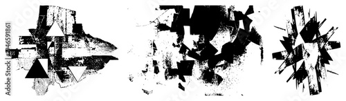 Dynamic black and white vector composition with fractured shapes, halftone grain, and angular triangles, ideal for graphic design, digital art, or motion backgrounds.