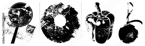 Abstract halftone illustrations of pan, donut, pepper, and ladle, rendered in gritty texture, food prep tools, kitchenware, culinary.