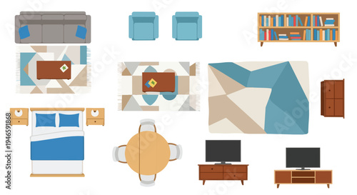 A comprehensive overhead view collection of modern home furniture elements and interior decor