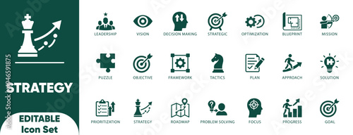Strategy icon set. chart, decision, global, goal, leadership, management, marketing, optimization, organisation, performance, planning,, and solid icons.