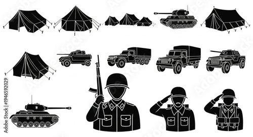 Military equipment and soldiers in silhouette style.
