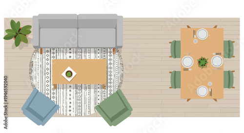 Overhead illustration of a contemporary living room and dining space, showcasing thoughtful interior design with modern furniture, patterned rug,