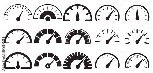 Speedometer Gauge Icon Set, Dashboard Meter Collection, Black Vector Speed Indicators. Vector illustration eps 10