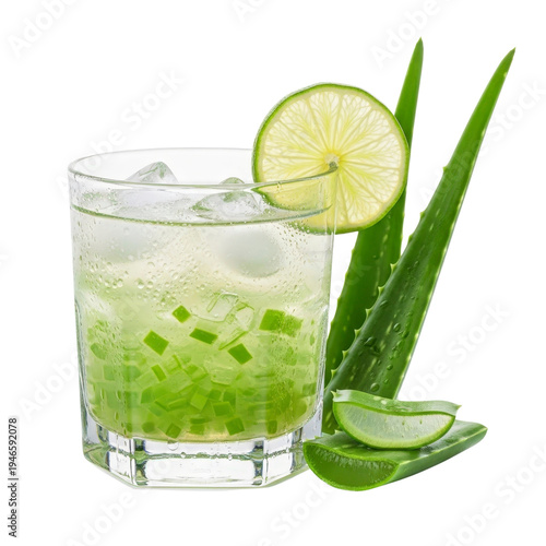 Refreshing aloe vera drink with lime and ice