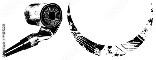 Stylized rolled metal pipe and curved horn with halftone texture, industrial design, graphic vector art, black and white illustration.