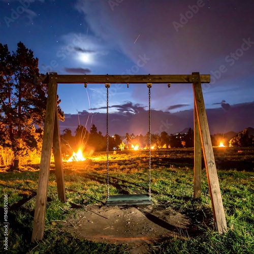 A swing set in a grassy field at dusk with distant fires and a moonlit sky