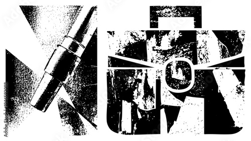 Stylized graphic composition of intersecting forms, halftone grain, high contrast black and white, minimalist vector art, abstract design elements.