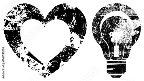 Vintage style heart and lightbulb, distressed texture, conceptual symbols, romantic ideas, creative inspiration, black and white vector.