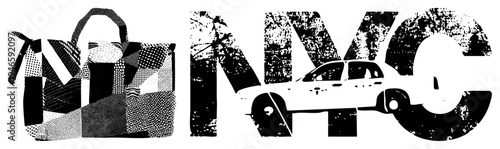 Bold halftone NYC letters with integrated car and tote bag cutouts, urban street art, gritty texture, black and white vector design, cityscape motif.