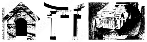 Minimalist halftone vector Japanese torii gate, rustic doghouse, retro typewriter, geometric shapes, style, isolated foreground elements.