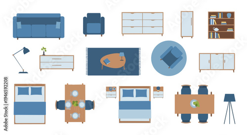 Contemporary Home Furniture Collection Top-Down View Illustrating Modern Interior Design Elements Layout