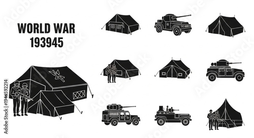 World War 1939-1945 Military Vehicles and Tents Illustration.