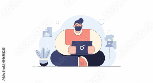 A man with a beard, glasses, and a bun hairstyle sits cross-legged with a laptop