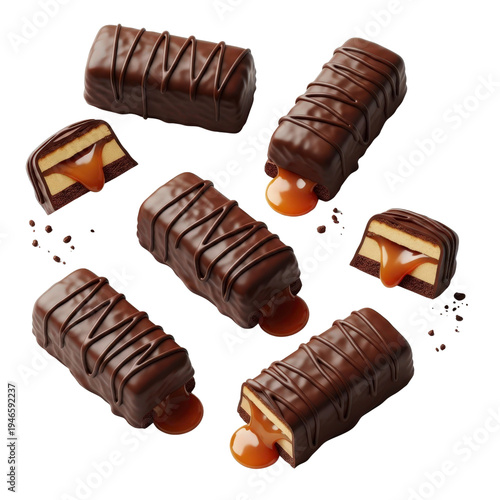 Chocolate bars with caramel filling falling