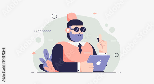 A man with a beard, sunglasses, and headphones holds a stylus over a laptop