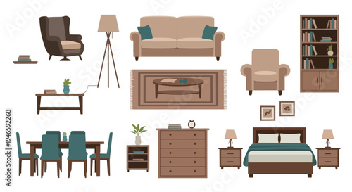 Comprehensive vector collection of modern home furniture items for interior design and decor purposes