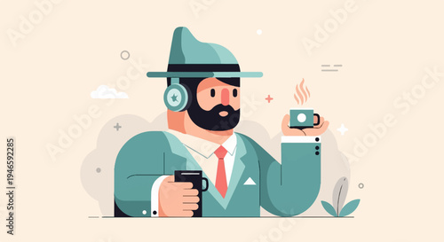 A man with a beard, wearing a hat and headphones, sips a cup of coffee