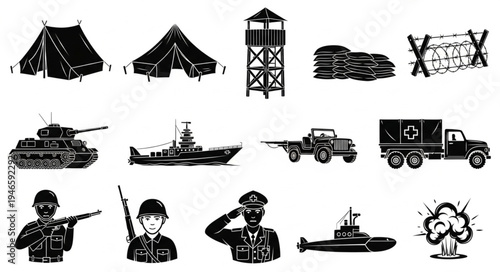 Collection of military equipment and personnel icons.
