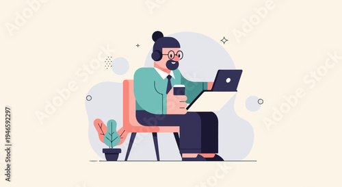 A man with a bun hairstyle sits on a chair with a laptop and coffee