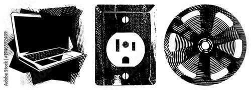 Three black and white halftone laptop, electrical outlet, and fan, rendered in gritty vector art with dot and high contrast shading.
