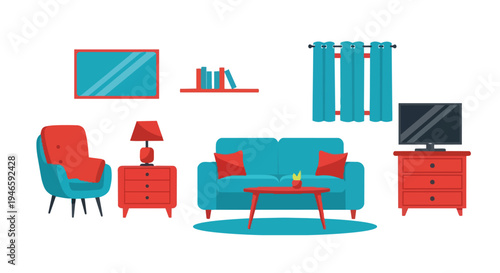 A vibrant collection of modern living room furniture and stylish home decor elements presented in a crisp, flat design style, featuring comfortable