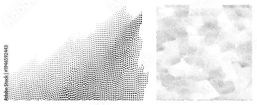 Black and white halftone graphic with varying dot density, abstract composition, vector art, visual texture, geometric, minimalist design, digital illustration.