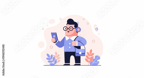 A man with glasses and headphones holds a phone and bag