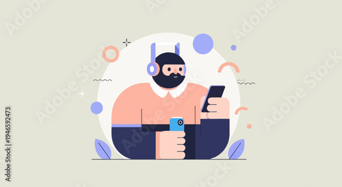 A man with headphones and a beard looks at his phone while holding a can