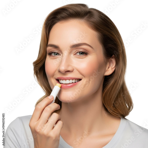 Woman applying lip balm smiling