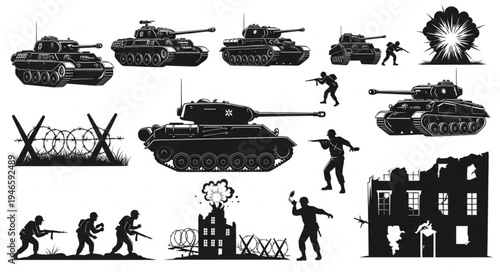 Collection of military tanks soldiers and explosions in silhouette style.