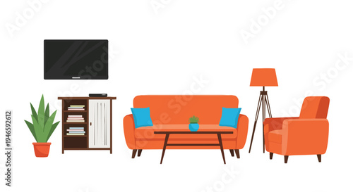 Modern living room orange sofa armchair wall tv cabinet lamp plant coffee table home comfort interior design minimalist decor cozy contemporary