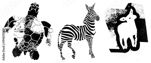 Stylized turtle, zebra, and lamb in bold black and white, halftone grunge effect, isolated vector animals, graphic design elements.