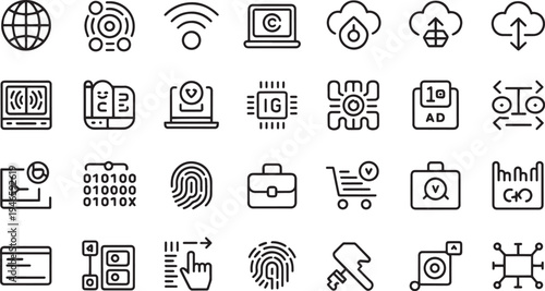 Collection of modern technology and communication icons isolated on transparent background