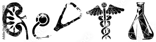 Medical rendered in gritty black and white caduceus, stethoscope, kidney, beaker, distressed texture, healthcare symbols, vector illustration.