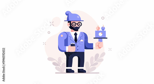 A man in a suit, wearing a hat, holds a phone and a camera