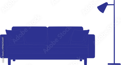 Overall view, sofa, lamp, functionality and design context.
First, the composition shows a sofa near a lamp, suggesting a cozy reading area. The sofa appears to be a two-seater design with two large 