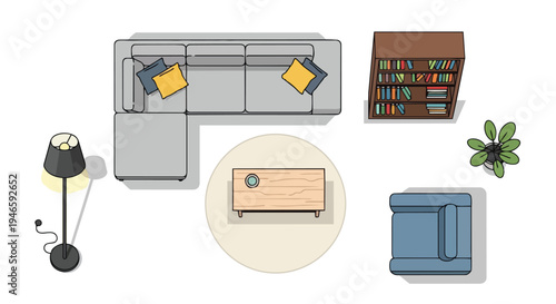 Modern living room furniture layout top view illustration for interior design concepts