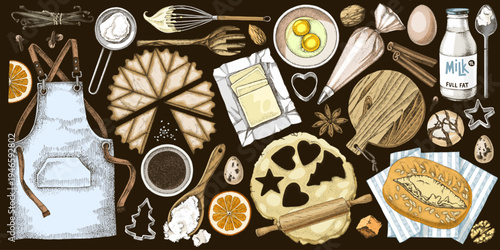 Set of utensils and ingredients for cooking bakery recipes