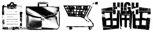 Retro styled business symbols including clipboard, leather briefcase, shopping cart, and bold "HIGH VALUE" text, halftone texture,, graphic design elements.