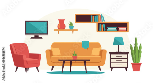 Home interior scene with orange sofa, red armchair, television, bookshelves, side table, lamp, vibrant plants. A cozy, inviting, comfy space.