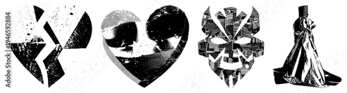 Stylized broken heart, halftone heart, mask, and draped figure, vector art, artistic textures, isolated symbols, graphic design elements.