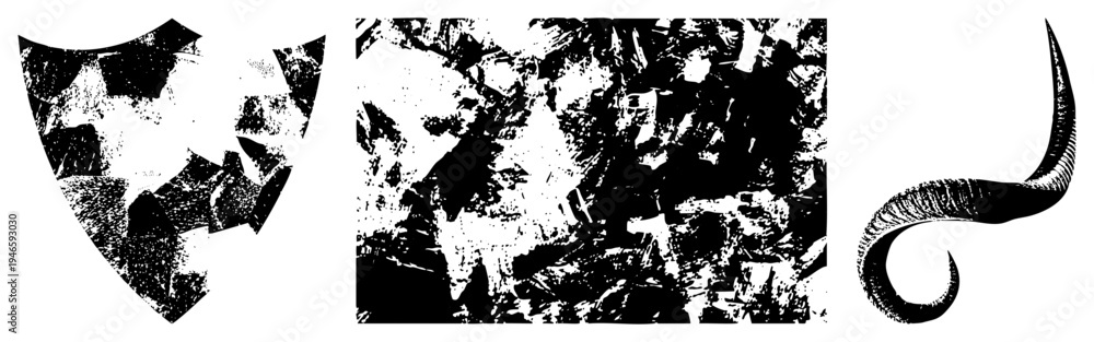 Fototapeta premium Vectorized shapes with halftone textures, shield emblem, organic horn curve, graphic design elements, isolated foreground, stylized abstract forms.