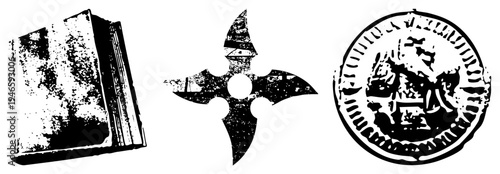 Stylized black and white book, throwing star, and coin with engraved detail, vector graphic, isolated symbols, historical artifacts, design elements.