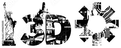 Graphic design with "3D" letters filled with landmarks, cityscapes, and architectural,, stylized urban collage, vector illustration.