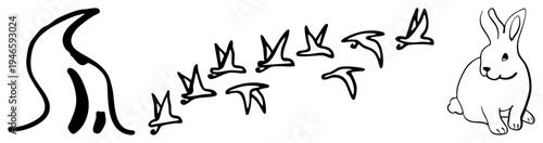 Rabbit observing birds flying in V formation, minimalist art, wildlife scene, nature illustration, animal characters, vector sketch.