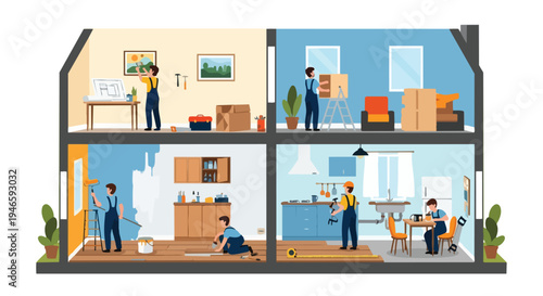 A vibrant illustration showcasing a comprehensive array of home improvement, renovation, and moving activities performed by skilled individuals